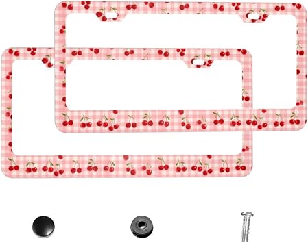 2 Packs License Plate Frame Cute Cherry Pink Gingham Printed Aluminum Metal Licence Plate Holder Universal Fit Car Decoration for Women Men