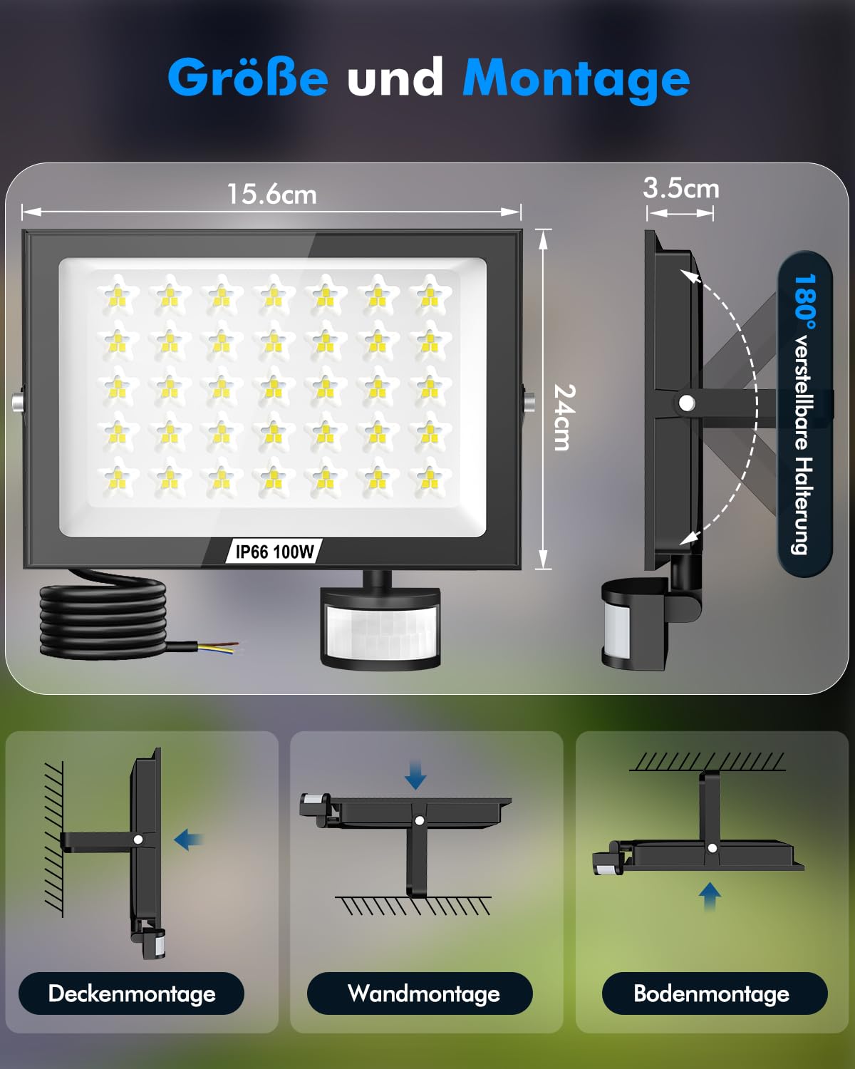 LED Strahler mit Bewegungsmelder Außen 100W 10000 Lumen Fluter Flutlicht - 2er 6500K 180°Erfassungsbereich Scheinwerfer mit Fernbedienung IP66 Wasserdicht Außenstrahler für Garten Hof Garage