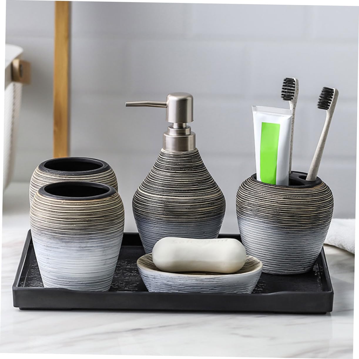 CLISPEED 5 Pezzi Set da Bagno in Ceramica Fatto a Mano Porta Sapone e Porta Spazzolino, Leggero e Resistente, per Uso in Bagno e Viaggio