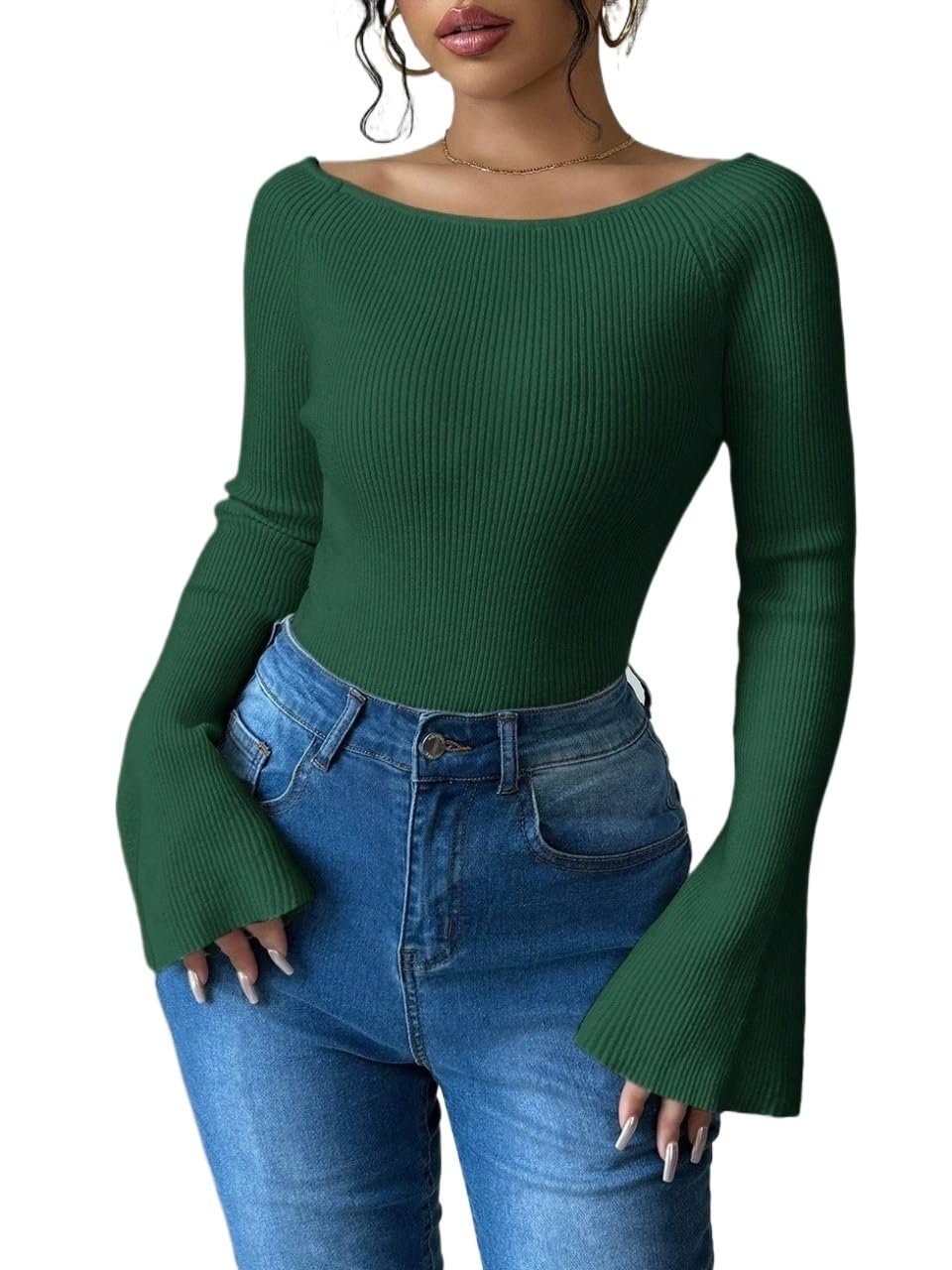 Sweaters Top for Women Off-Shoulder Flared Sleeve Fitted Sweater