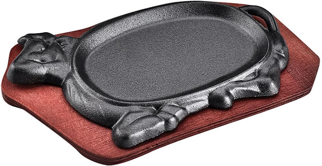 Cast Iron Fajita Steak Pan, Griddle Skillet with wooden Base (7.8 x 5.1 inch)