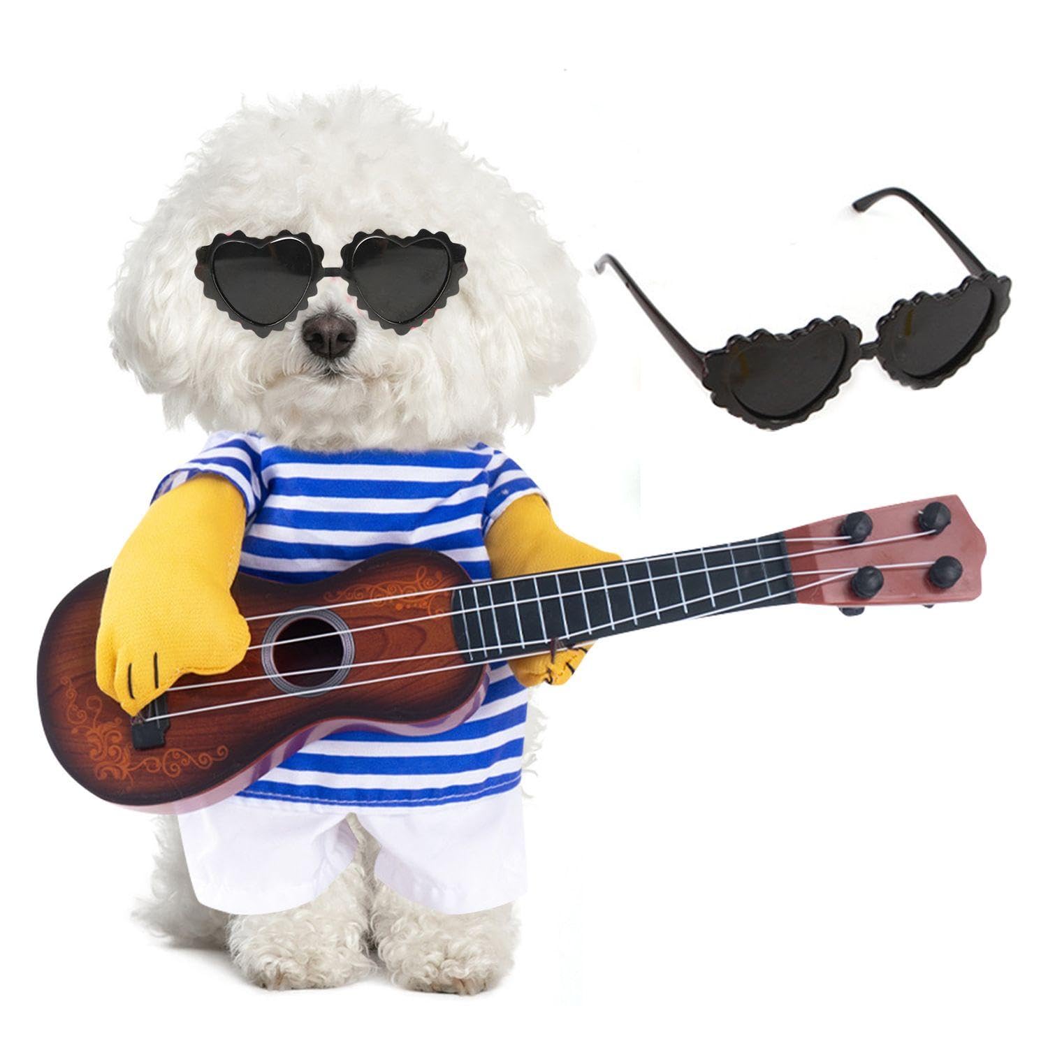 VEHYEGOI 1 Set Of Pet Guitar Costumes, 1 Piece Of Pet Glasses, Creative Costumes for Small Dogs Pet Dog Play Props, Funny Decorations