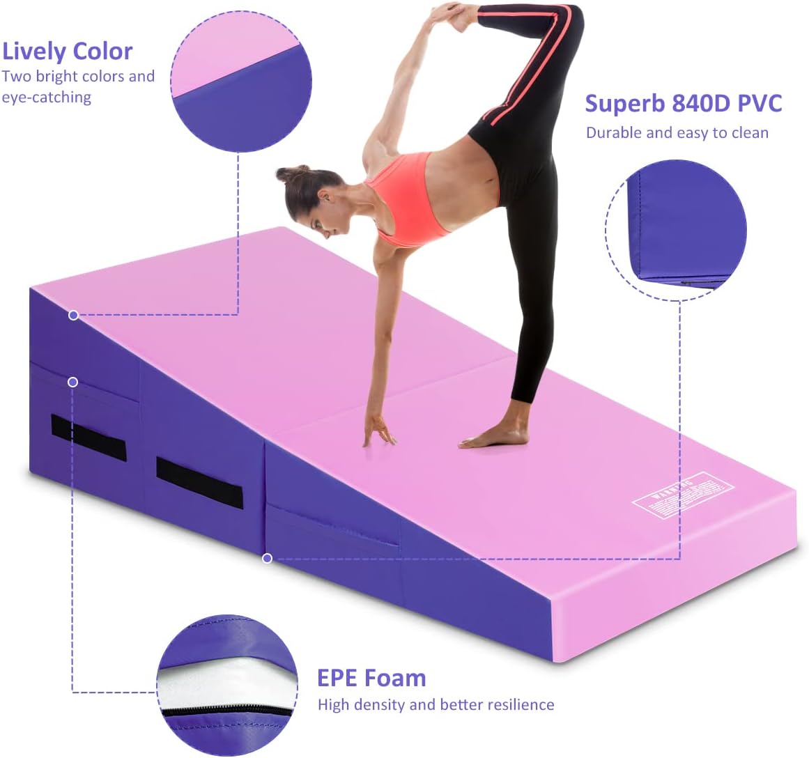 Incline Gymnastics Mat, Folding Wedge Cheese Mat for Gymnastic w/Carry Handle and Waterproof Leather, Gym Fitness Tumbling Mat for Kids Home Play Sensory Training Exercise Dance Yogo Stretch