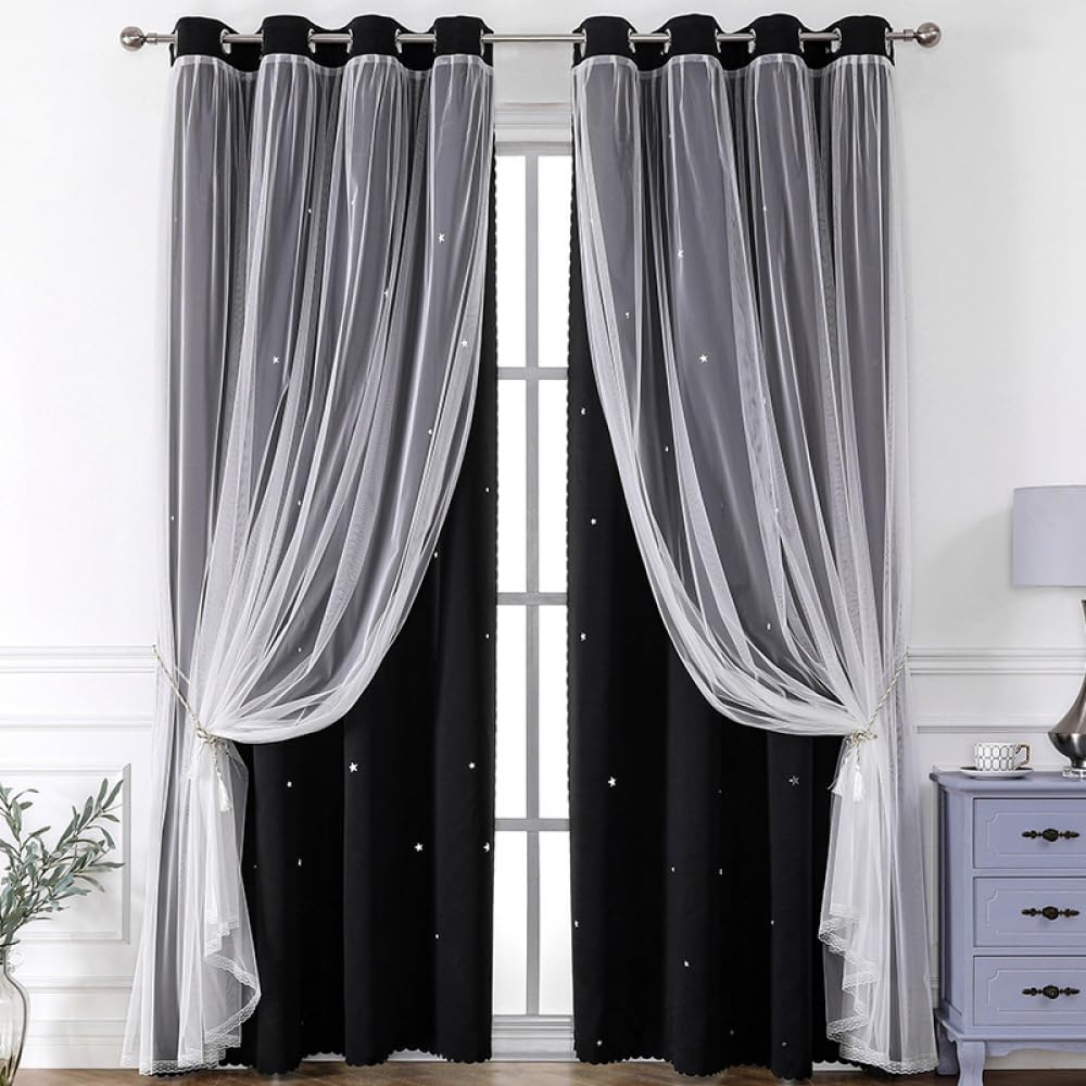 Tende Oscuranti,2 Pannelli Morbide Tende Per La Privacy Con Velo In Voile,Tende Termoisolanti Per Camera Da Letto,Cameretta Dei Bambini E Soggiorno,Arredamento Moderno-Black||W52*L72/132 * 183cm