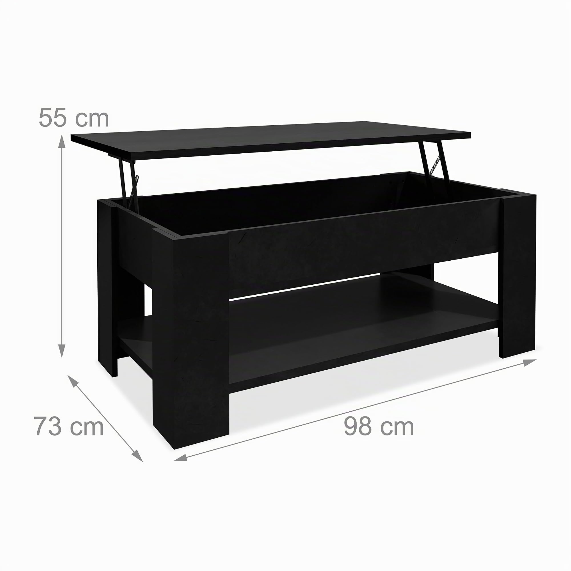 Relaxdays Mesa de Centro Elevable, Mesita Sofá con Almacenaje y Balda, Mesilla Salón, 42x98x50 cm, Negro