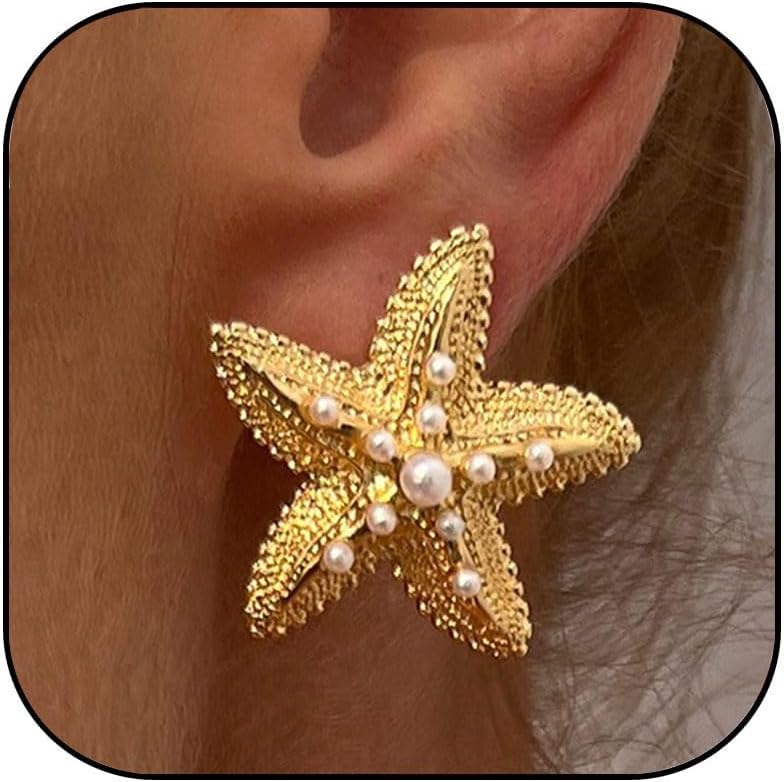 Gold Starfish Earrings for Women Pearl Starfish Earrings Summer Ocean Statement Stud Earrings Trendy Jewelry Gifts for Women