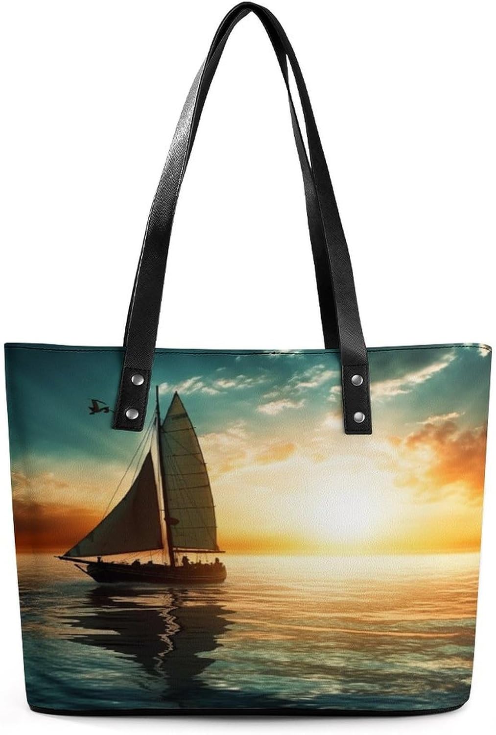 Boat on The Ocean Tote Bag Large Soft Leather Purse with Zipper Lightweight Ladies Shoulder Handbag