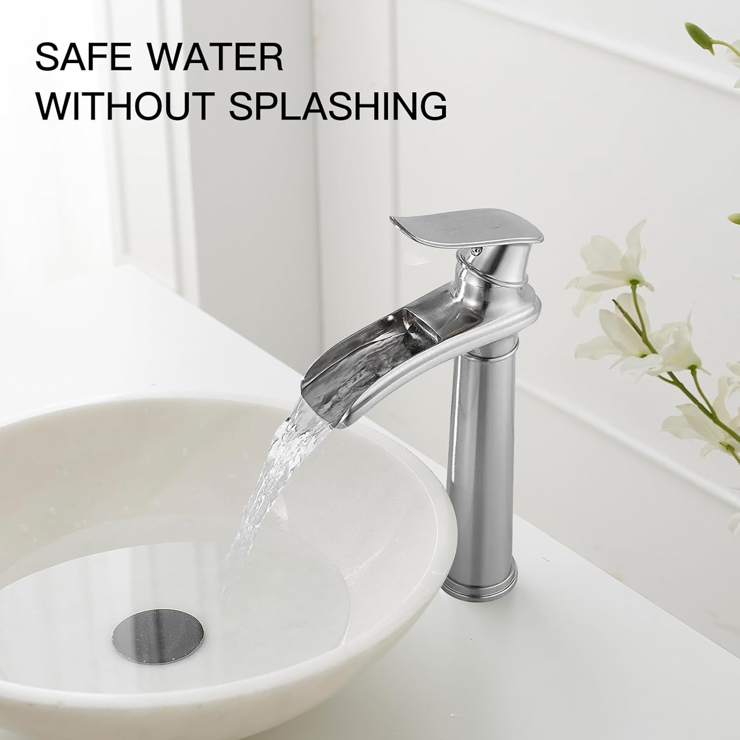 BWE Vessel Sink Faucet Brushed Nickel Tall Waterfall Bathroom Faucet Deck Mount Single Handle One Hole Lavatory Vanity Faucet with Pop Up Drain Assembly and Supply Hose