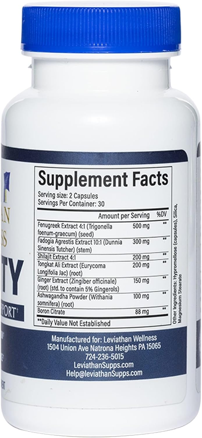 Vitality – Testosterone Support Formula | Fenugreek (500 mg), Fadogia Agrestis (300 mg), Shilajit, Tongkat Ali, Ginger, Ashwagandha | 60 Capsules, 30 Servings | Made in the USA