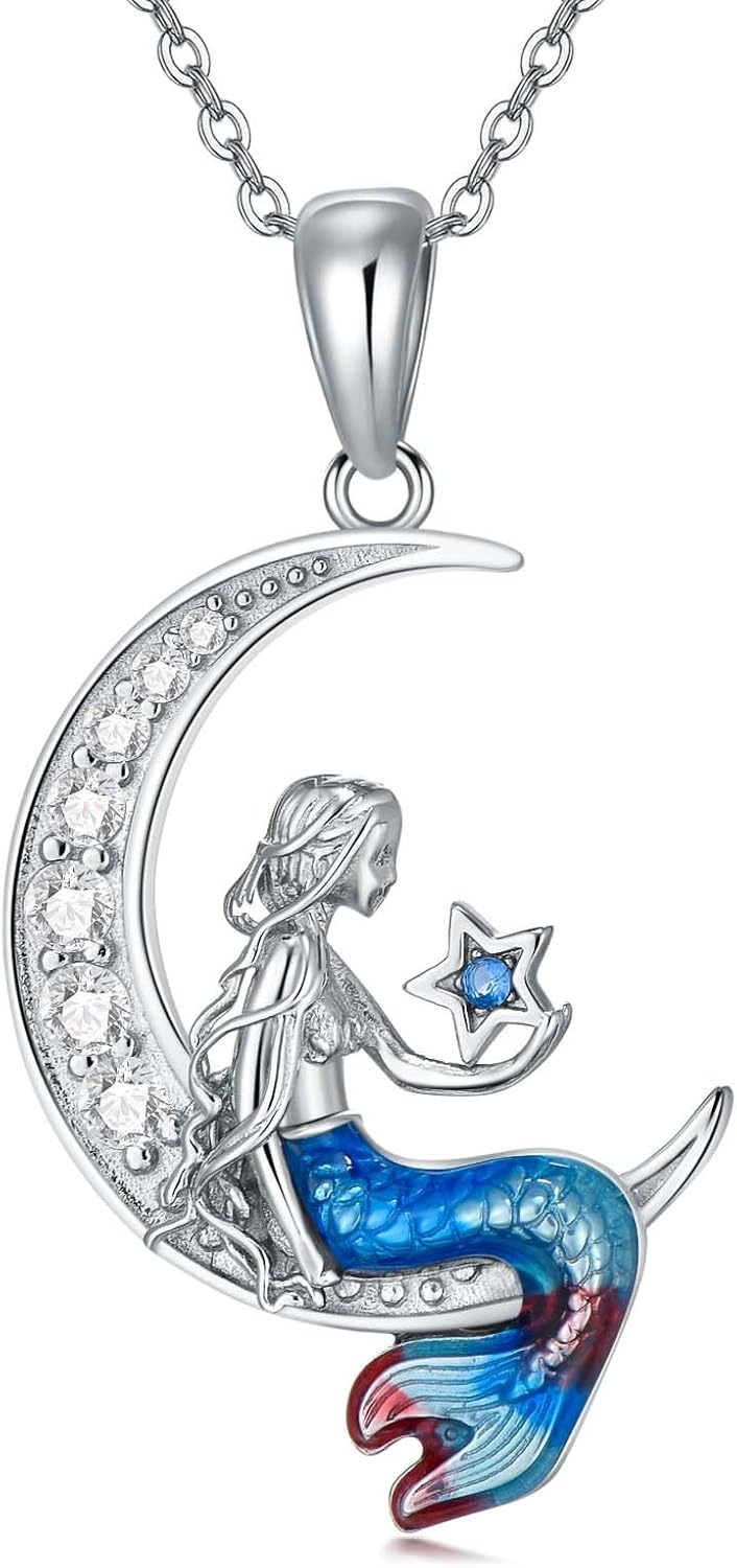 S925 Sterling Silver Mermaid Necklaces for Women Ocean Beach Dainty Pendant Necklace Birthday Gift for Her