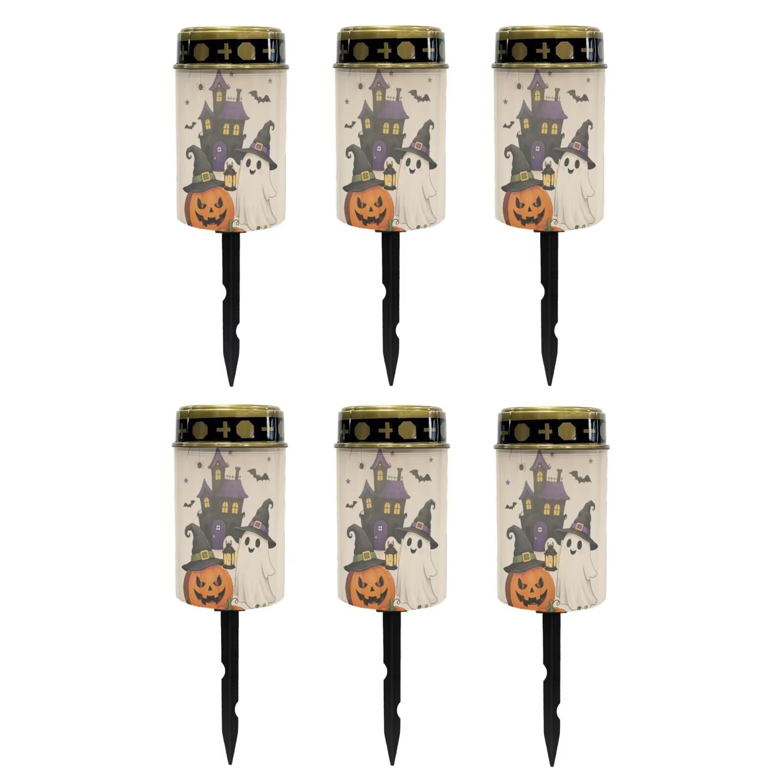 Poceacles Solar Lights Outdoor Solar Powered Outdoor Cemetery Stake Candle Grave Lamp Landscape Lighting Halloween Grave Flameless Candle, Pumpkin Ghost Print Beige, Pack of 6