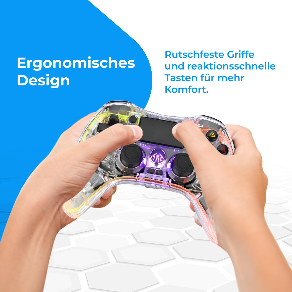 NK Controller für PS4 / PC/Android - Wireless Controller mit 2-Shock, 6 Achsen, 2 MACRO-Tasten, 7 LED-Lichtmodi, Touchpad, Kopfhöreranschluss, Ladekabel inklusive - Transparent Schwarz