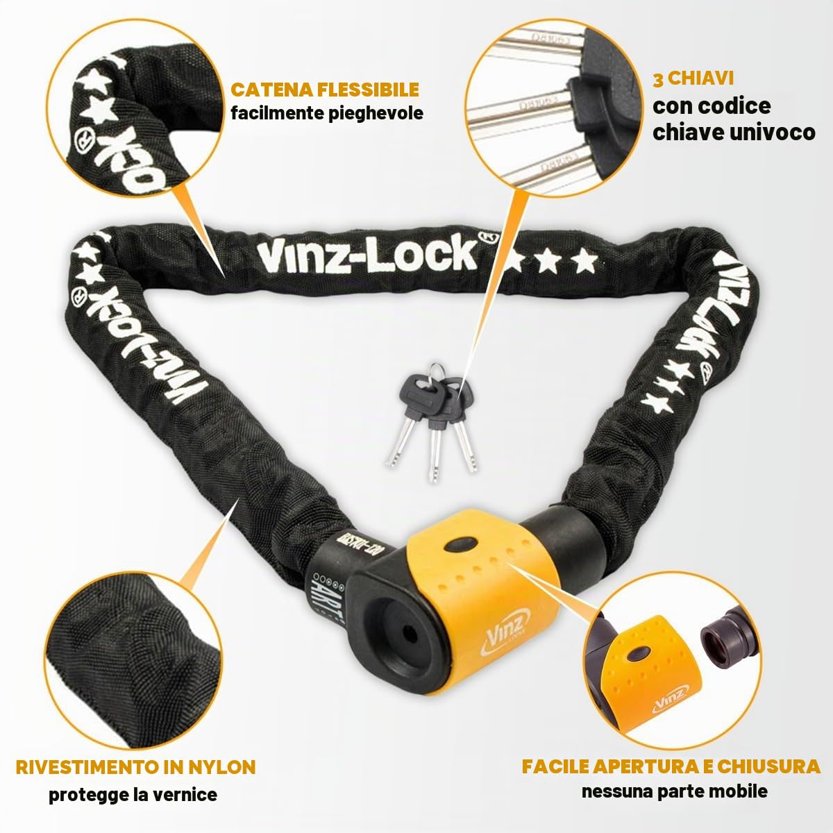 VINZ Jannu Lucchetto a Catena Scooter Antifurto | ø10mm Acciaio Temperato | Con Tre Chiavi | Antifurto Versatile per Scooter o bici elettrica | Disponibile in diverse misure - 100 cm