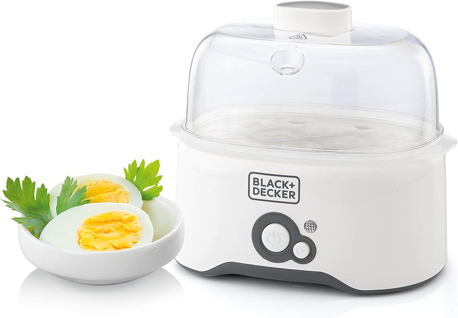 Black & Decker 280w 6 piece egg cooker with cooking rack and 2 poaching pan dry boil auto shutoff protection transparent cover white body, for perfect eggs eg200-b5 years warranty Black & Decker 280w 6 piece egg cooker with cooking rack and 2 poaching pan dry boil auto shutoff protection transparent cover white body, for perfect eggs eg200-b5 years warranty