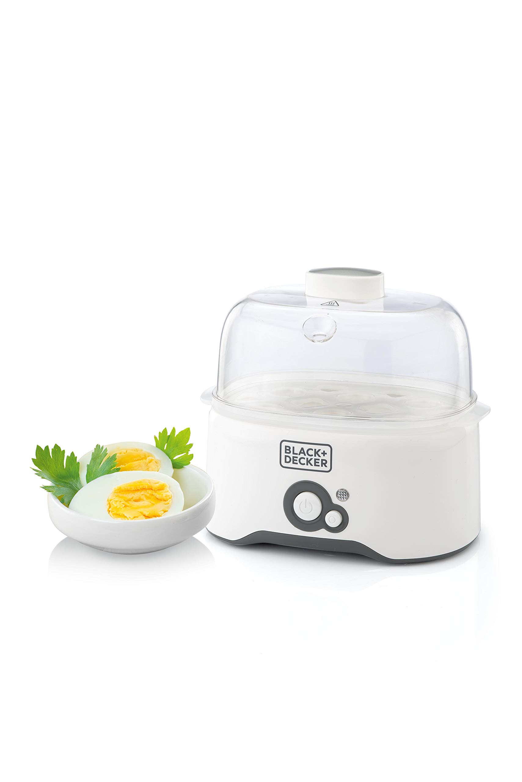 Black & Decker 280w 6 piece egg cooker with cooking rack and 2 poaching pan dry boil auto shutoff protection transparent cover white body, for perfect eggs eg200-b5 years warranty