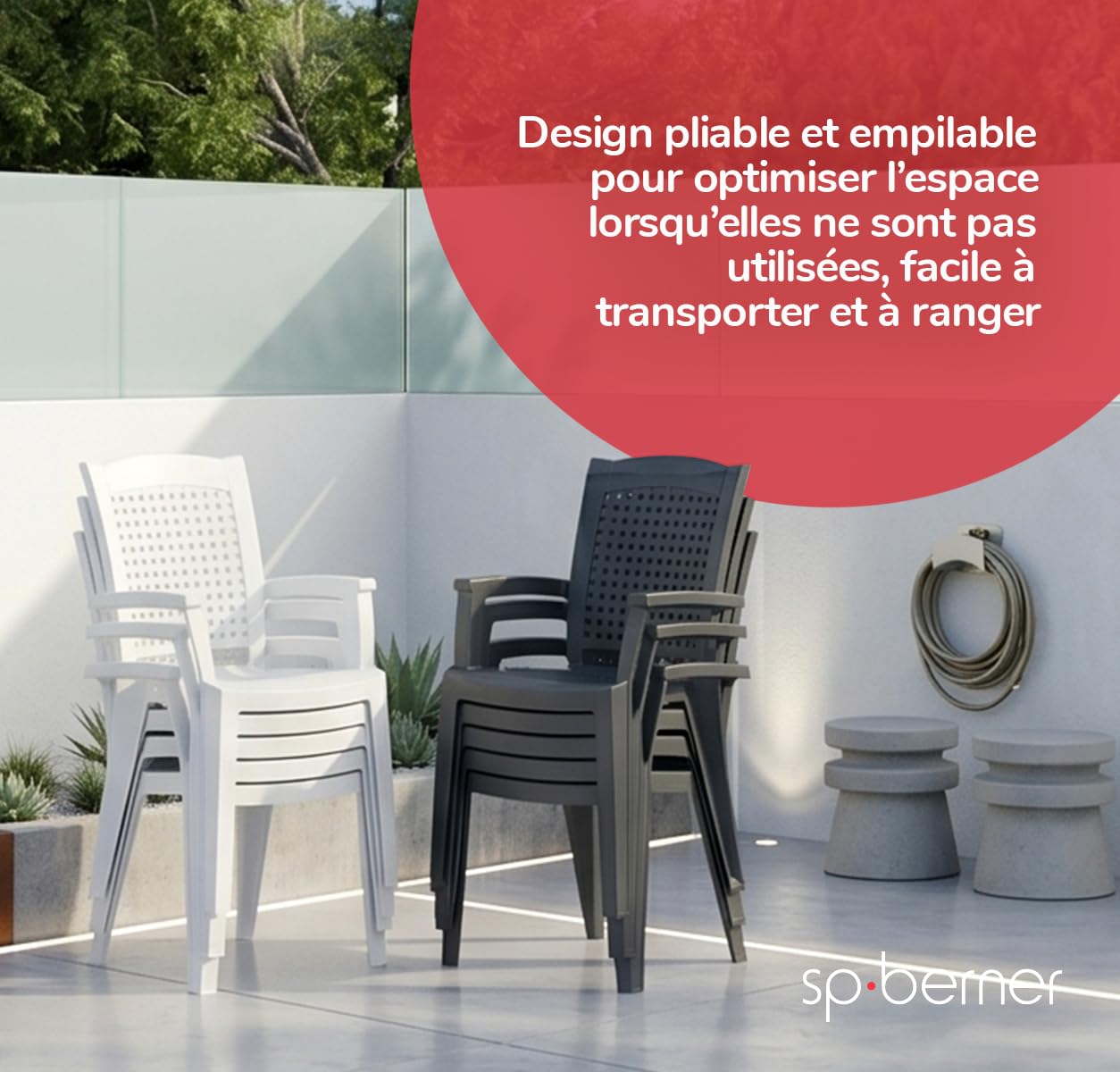 SP Berner SHAF - Lot de 4 chaises - Jardin extérieur et terrasse - Plastique recyclé résistant aux UV - Empilables - Modèle métal - Blanc