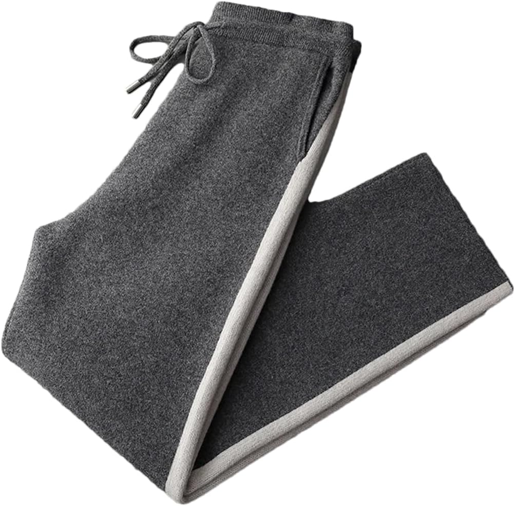 Men’S Jacquard Contrast Wool Wide-Leg Pants Drawstring Waist Midweight Knit Casual Winter Trousers