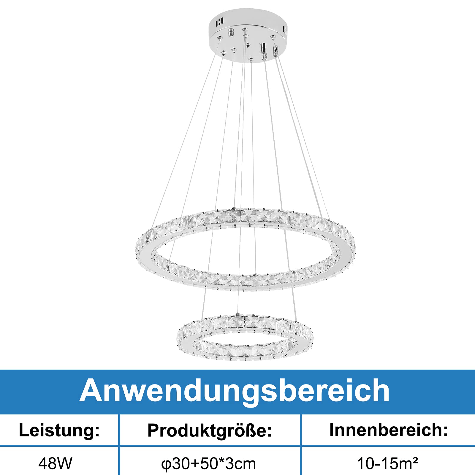 UISEBRT 48W Lampada a Sospensione Moderna Cristallo - Lampadario Creativo Regolabile in Altezza Lampada da Soffitto Due anelli Cucina Salotto Camera da letto, Bianco Freddo