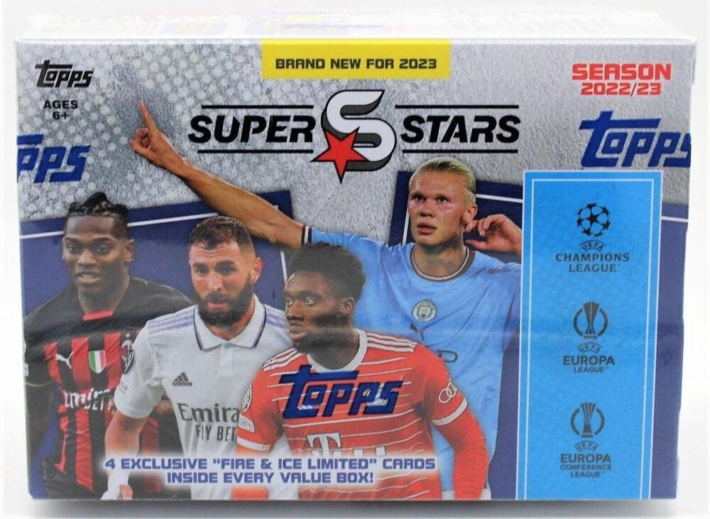 2022-23 Topps UEFA UCL Superstars Soccer Factory Sealed Value Blaster Box. 9 Packs of 8 Cards, 4 Exclusive Fire and Ice Inserts Per Box.