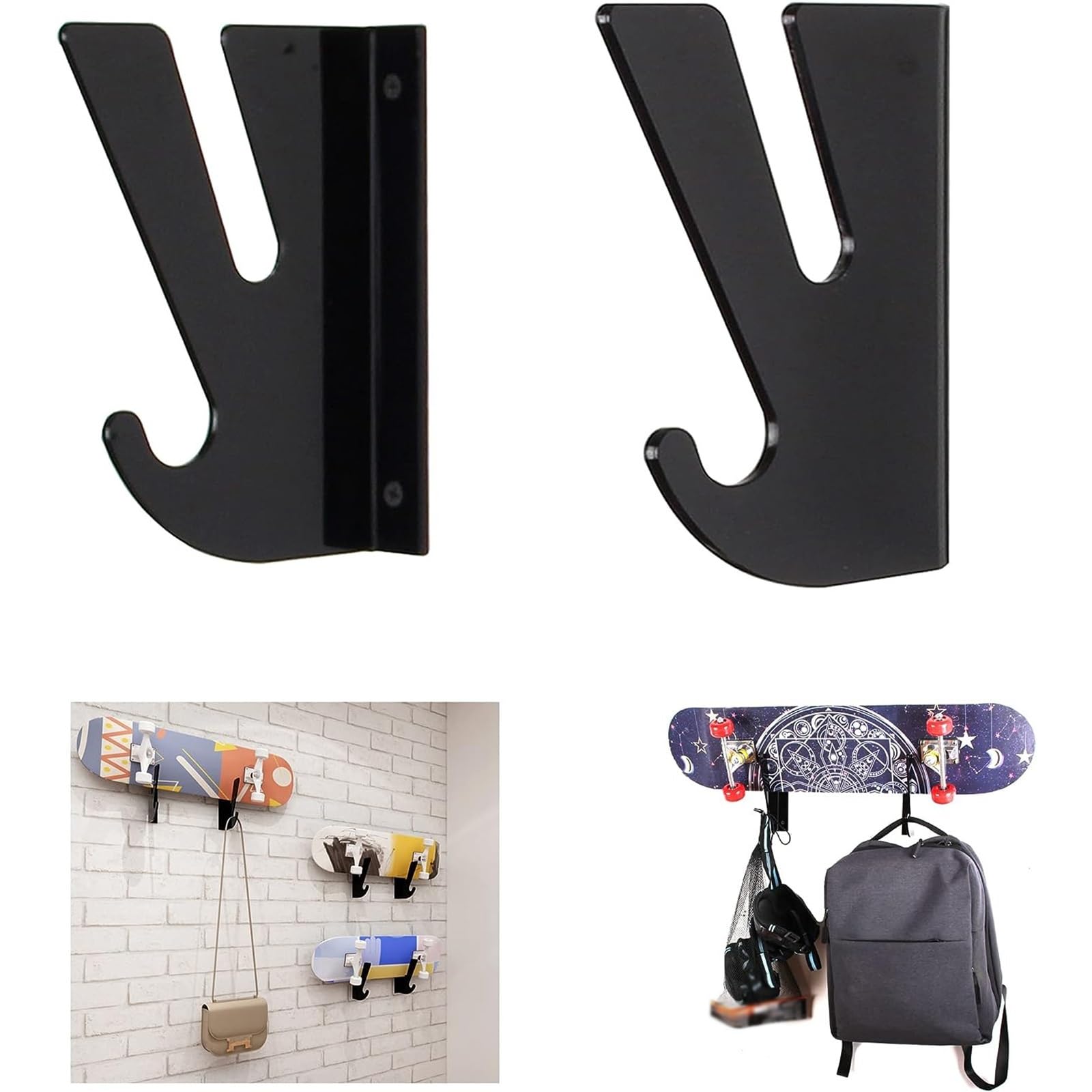 THE WHITE SHOP Skateboard Wall Mount Display Rack, Skateboard Wall Rack with Storage Hook（Black/Clear） (Color : Clear)