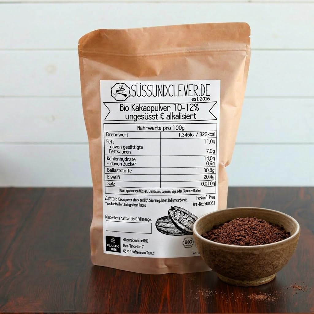 süssundclever.de® Bio Kakao Pulver | 1 kg | reines Kakaopulver, ungesüsst | stark entölt | hochwertiges Naturprodukt | plastikfrei und ökologisch-nachhaltig abgepackt