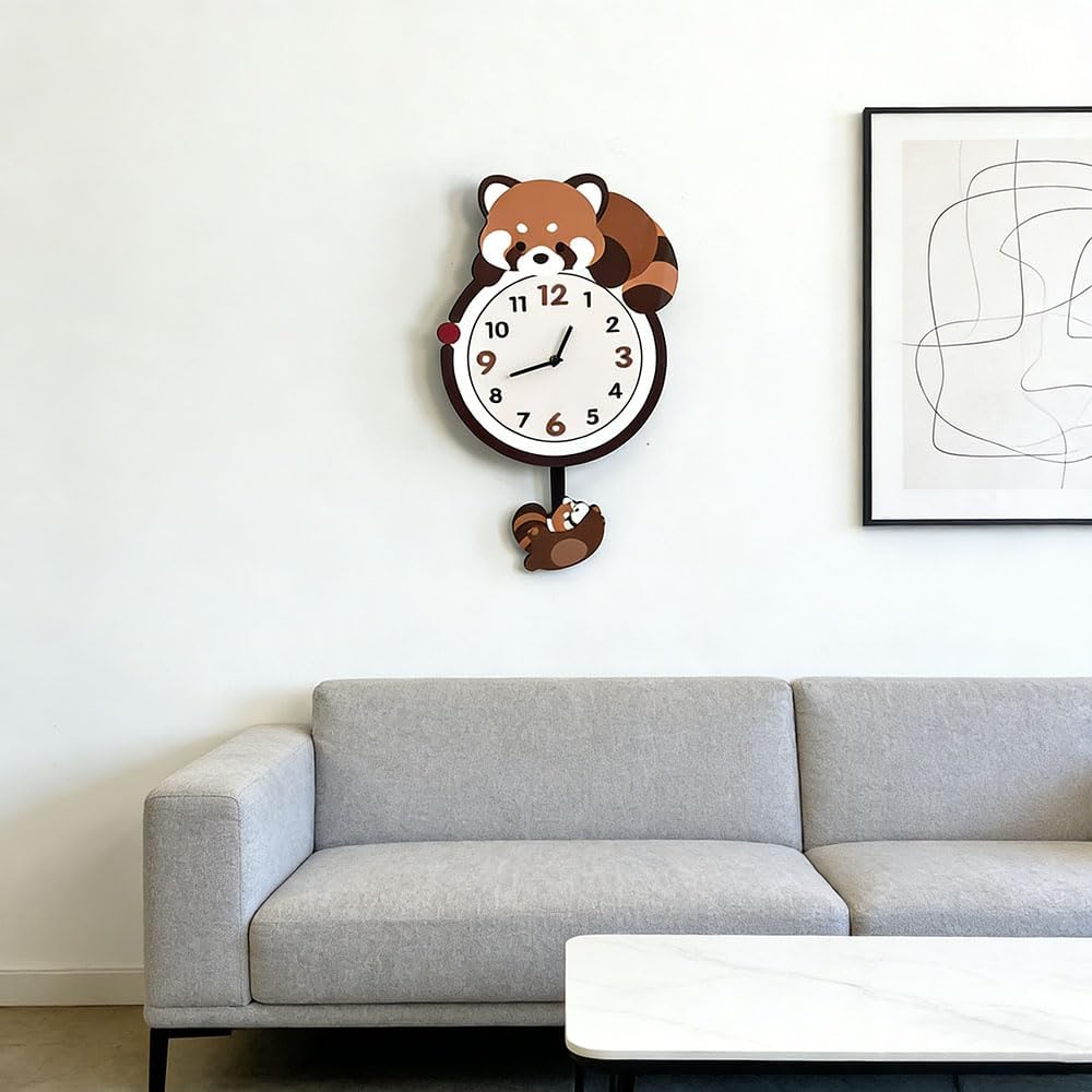 9'Wx21'H Red Panda Wall Clock with Pendulum, Non-Ticking Battery Operated, Modern Animal Shaped Design for Kids Room, Living Room, Bedroom, Office Decor,