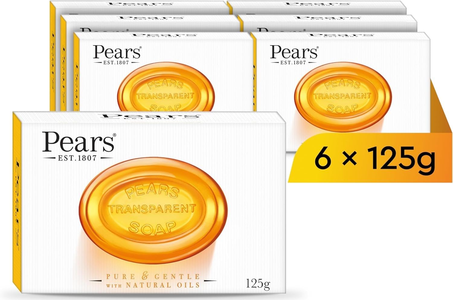 Pears Pure & Gentle Lot de 6 barres de savon transparentes aux huiles naturelles 125 g