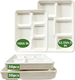 Compostable 5-Compartment Paper Plates, 60pack 10.25 & 12.5 inch Disposable Divided Trays Combo, Waterproof & Grease-Resistant, Bagasse Plates for Kids & Adult Meals, Microwave Safe