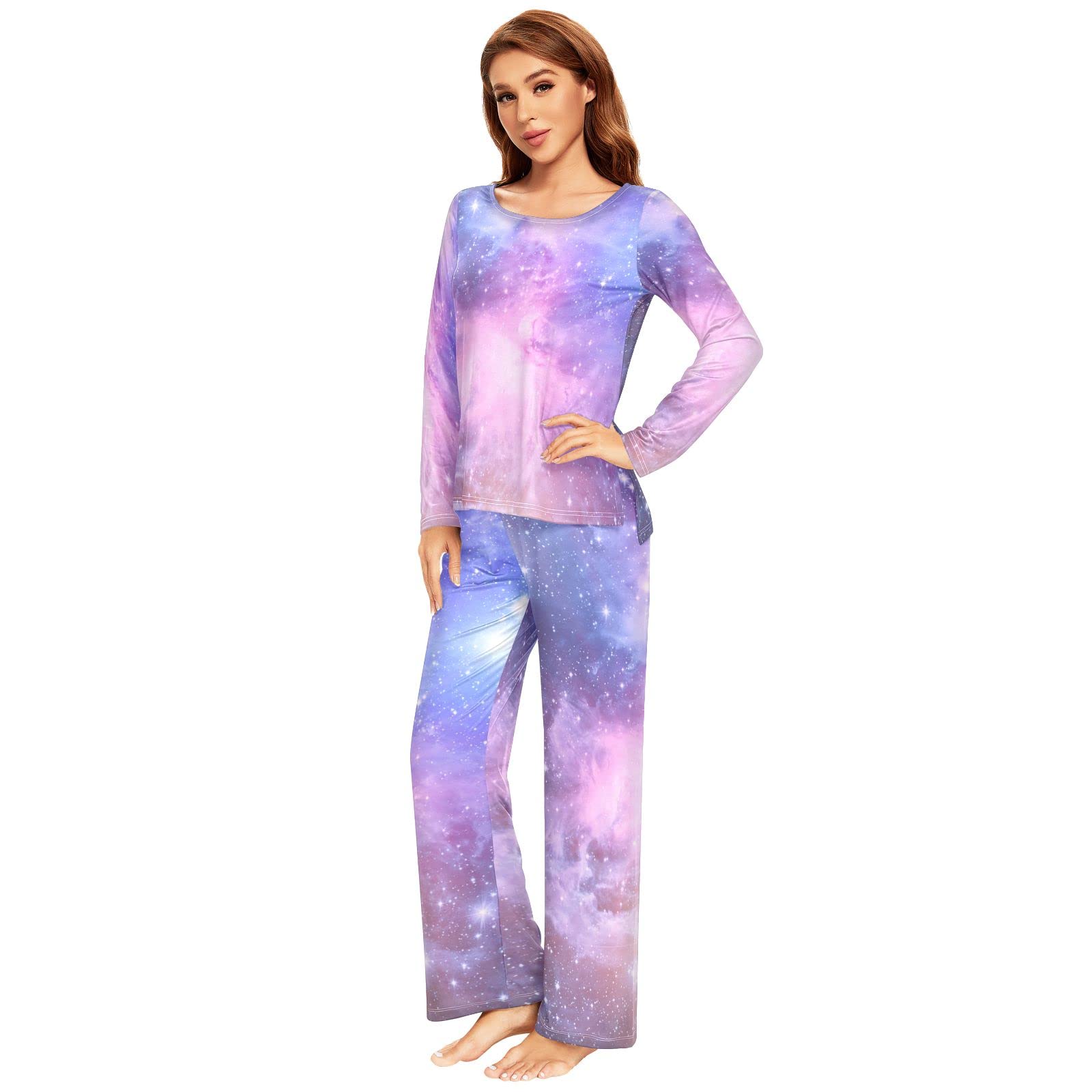 Schlafanzug-Set für Damen, Galaxy Space Langarm Nachtwäsche Loungewear Set Pjs Nachtwäsche Set, mehrfarbig, 48