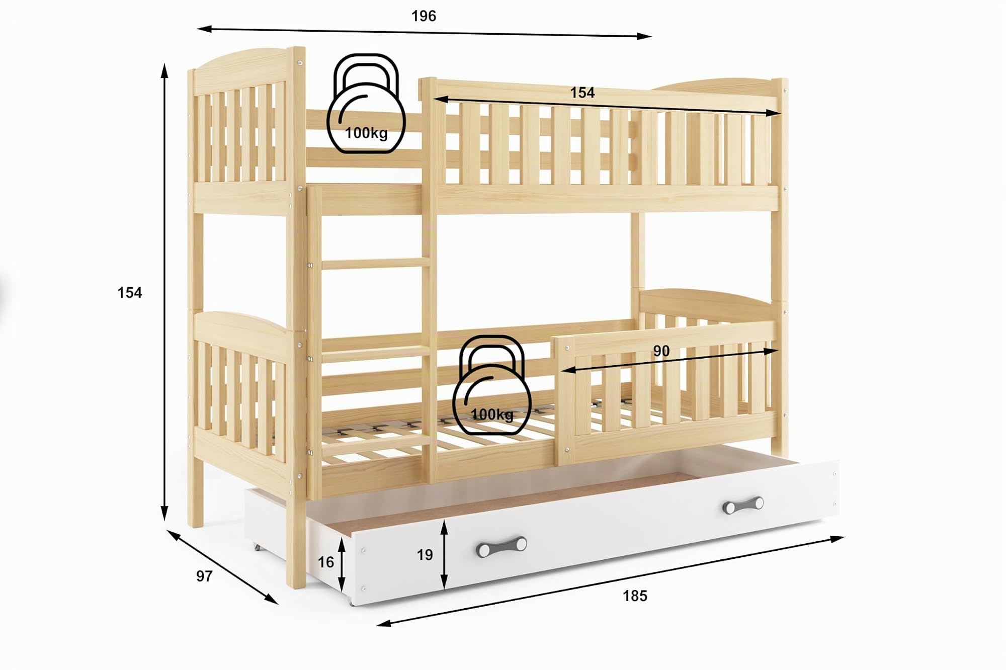 Interbeds Lit Superposé QUBA en Bois de Pin Massif, Barrière de sécurité, Sommier, Tiroir, Enfant et Adulte, séparable en 2 lit, 2 Places (Pin, 90x190)