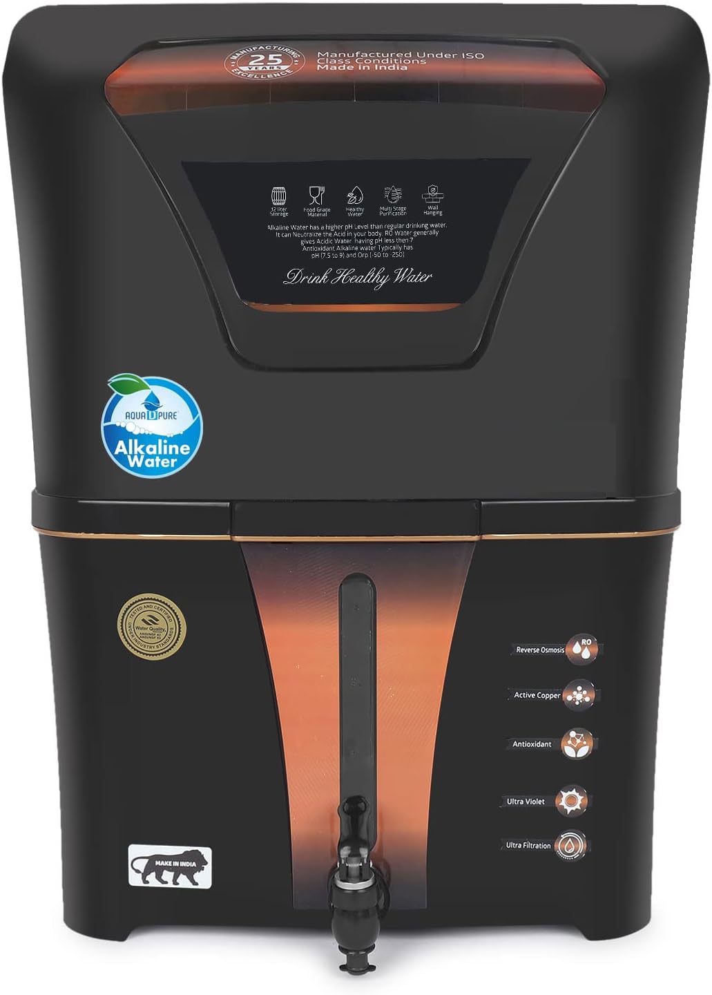 Aquadpure Alkaline + ORP with Active Copper + RO + UV + UF + TDS Controller/Adjuster RO Water Purifier-12 Litre Storage Fully Automatic