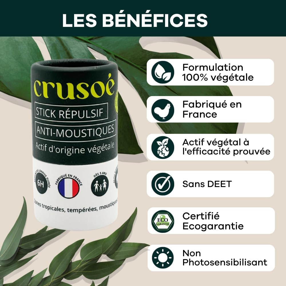 CRUSOÉ - Stick Anti Moustiques - Dès 3 Ans - Efficacité 6H - Zone Tropicale Et Tempérée - Formulation 100% Végétale - Fabriqué En France - 20 g