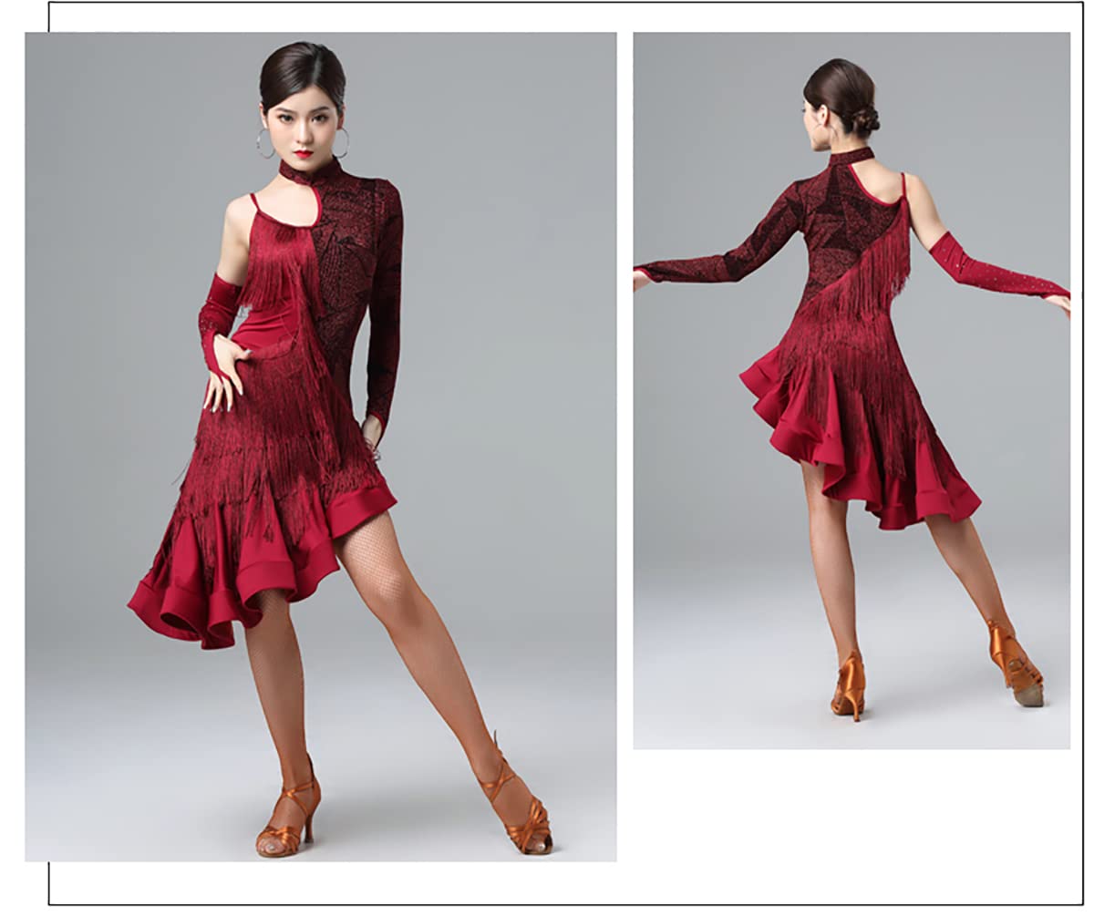 Damen Fransen Latein Tanzkleider Hoher Kragen Latein Turnierkleid Ballsaal Salsa Samba Cha Cha Rock mit abfallendem Saum Walzer Performance Kleid Foxtrot Praxisrock