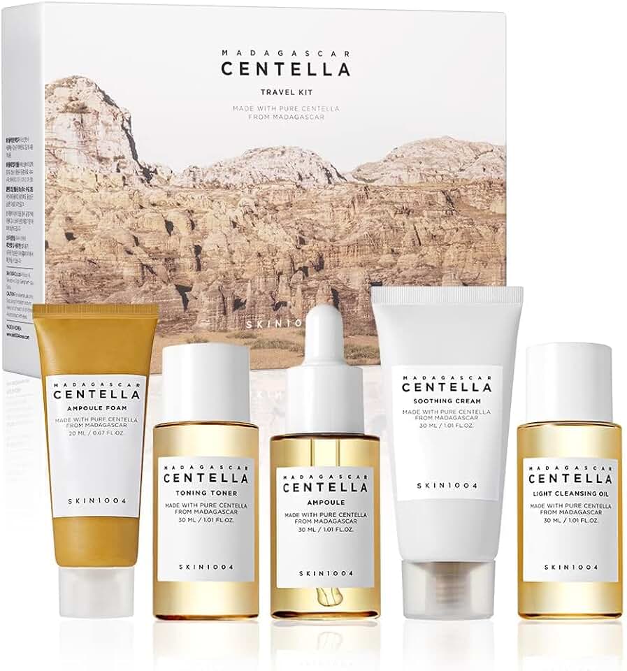 SKIN1004 Madagascar Centella Kit de viagem, toner, ampola, creme calmante, óleo de limpeza, espuma de ampola, caixa de kit de teste básico de cuidados com a pele, conjuntos de presente para mãe