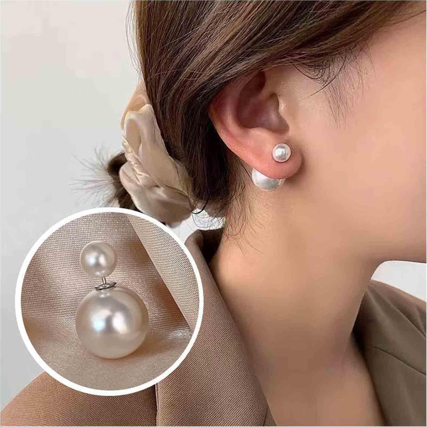Boho Pearl Ear Jacket Earrings Vintage Pearl Earrings Silver Front Back Earrings Double Side Pearl Stud Earrings Jewelry for Women - Image 2