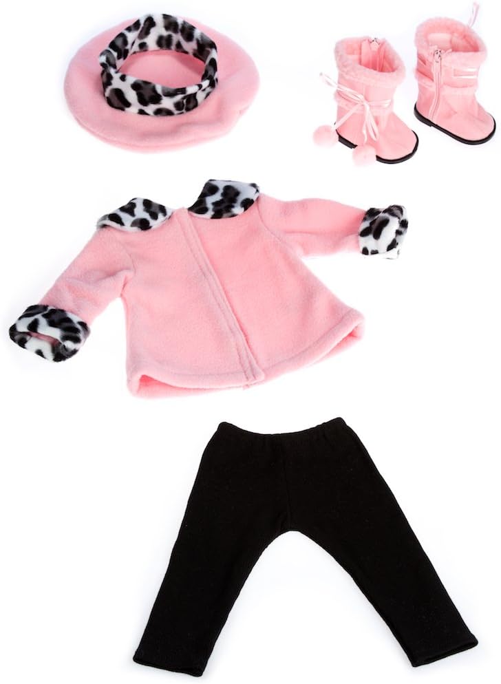 Elegance - 4 Piece 18 inch Doll Outfit - Pink Fleece Coat, Matching Hat, Brown Pants and Sherpa Boots - (Doll Not Included)