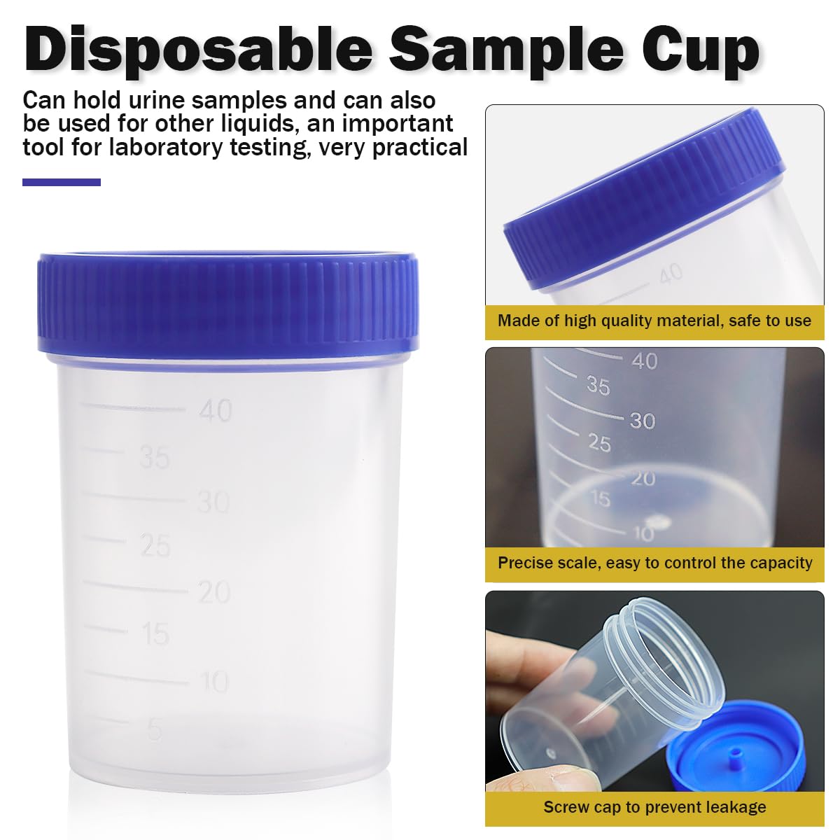 Lot de 50 pots d'échantillons d'urine de 40 ml avec couvercles à visser pour échantillons médicaux