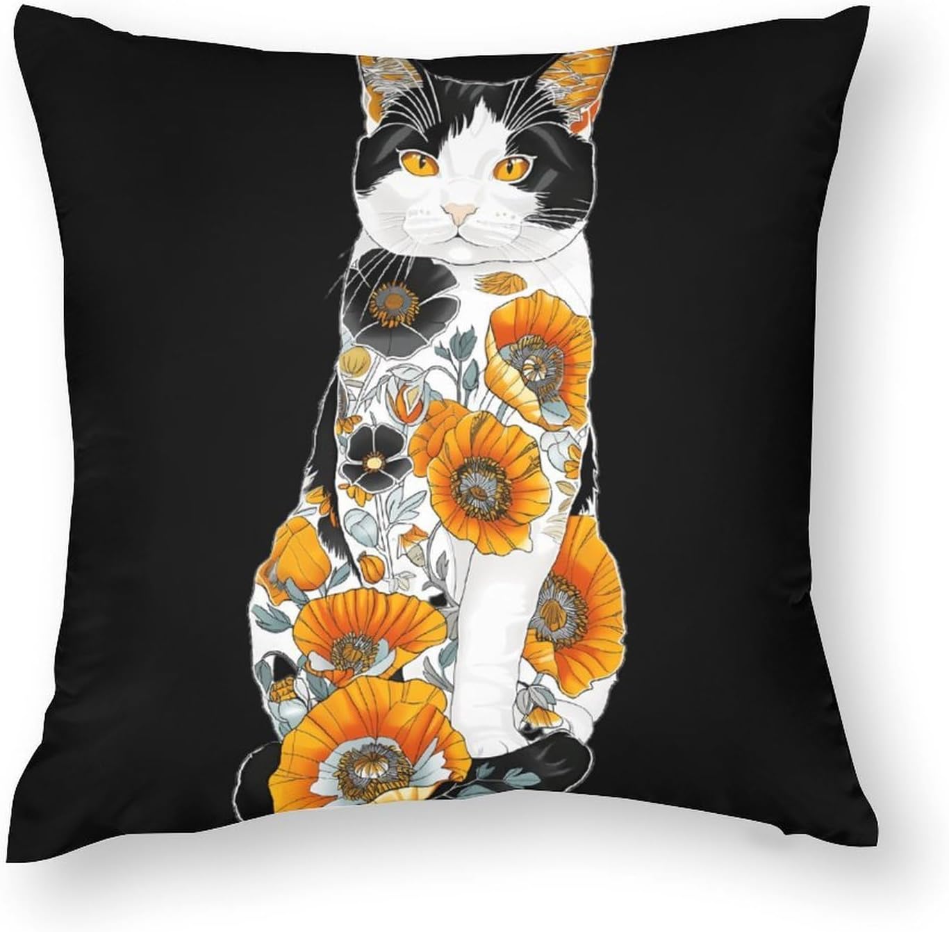 White Cat with Orange Flowers Printed Throw Pillow Case 4 Pcs Soft Pillowcases Pillows Covers Sofa Bed Decor 12/14/16/17/18/20/22/24/32 Inches