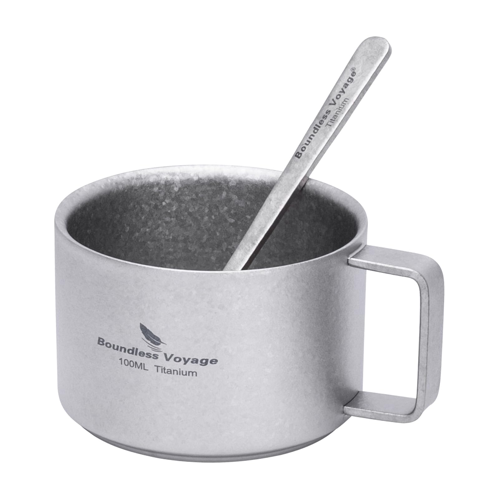 iBasingo 100ml Titanium Espresso Cup with Stirring Spoon Mini Double Wall Coffee Tea Mug Outdoor Camping Travel Durable Portable Metal Drinkware, Dishwasher Safe (Silver Ti3085D+Ti1133T)