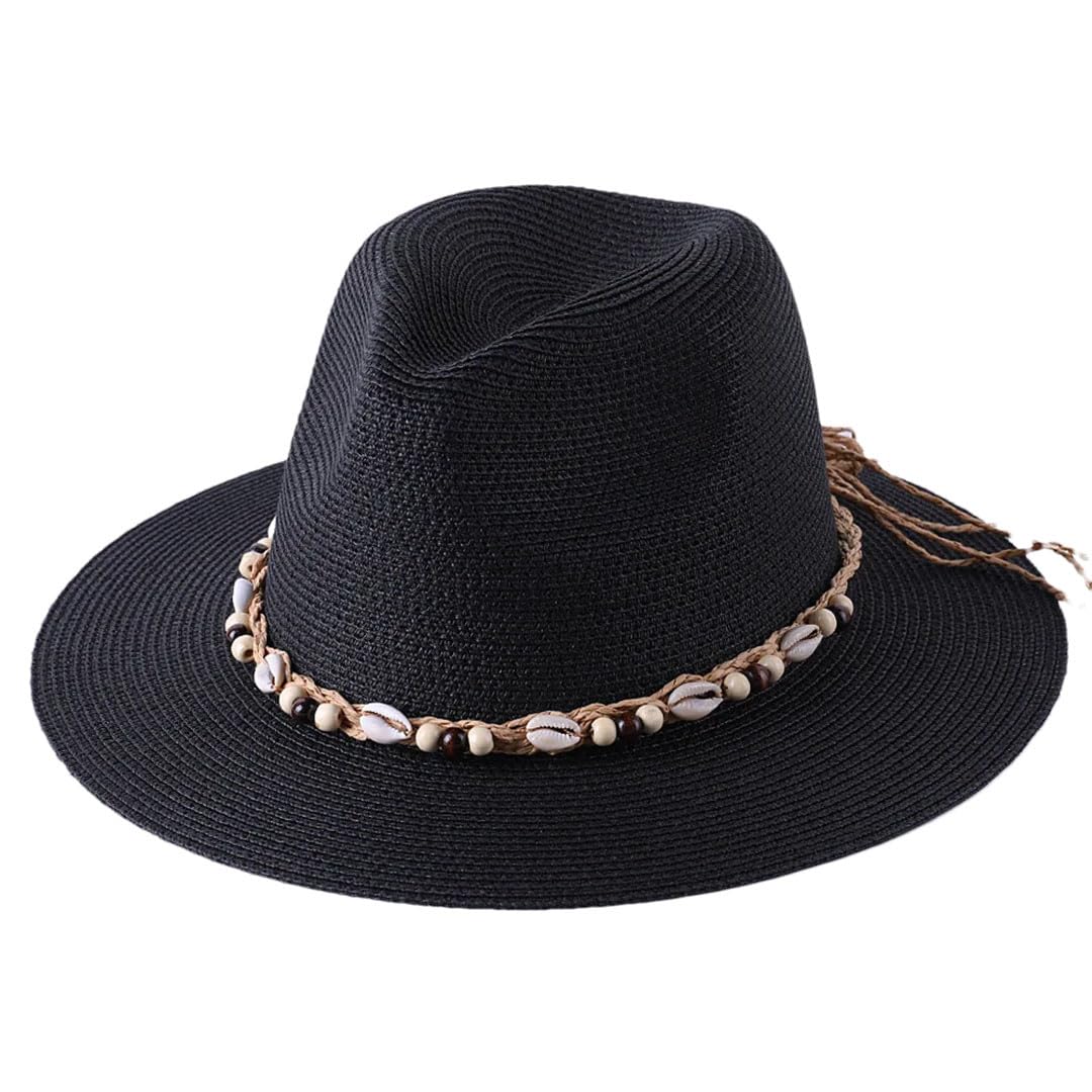 Cappello da donna con conchiglia naturale conchiglia all'aperto spiaggia cappello da sole, Nero , 6 7/8-7 1/8