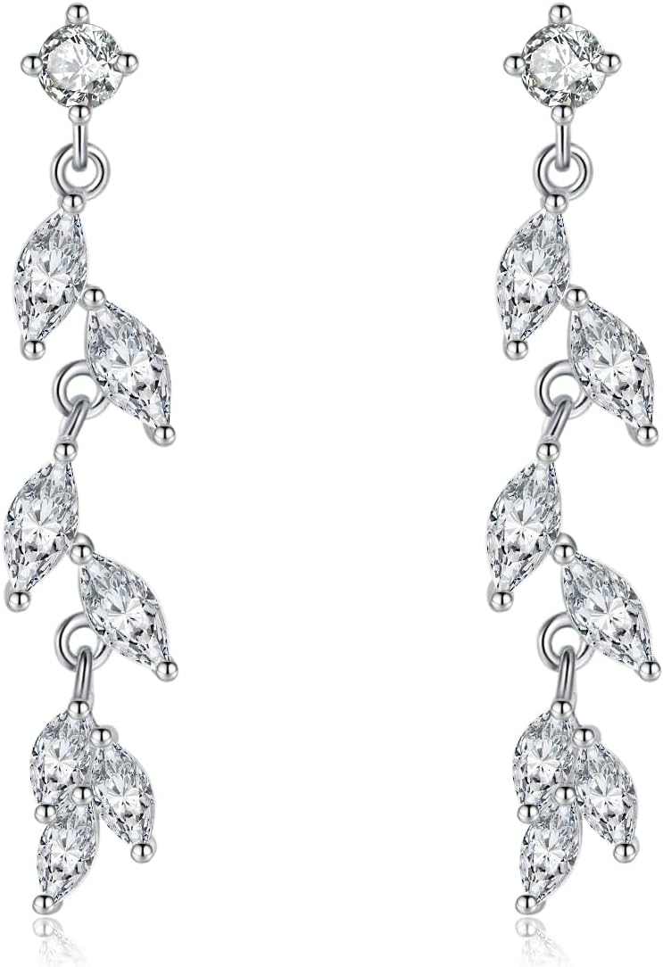 SLUYNZ Solid 925 Sterling Silver CZ Olive Leaf Dangle Earrings for Women Teens Droplet Wedding Dangle Earrings Bridal