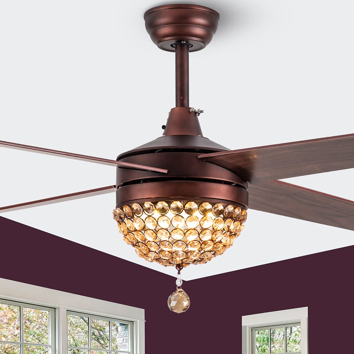 Bella Depot 52" Modern Crystal Ceiling Fan With LED Light, Remote