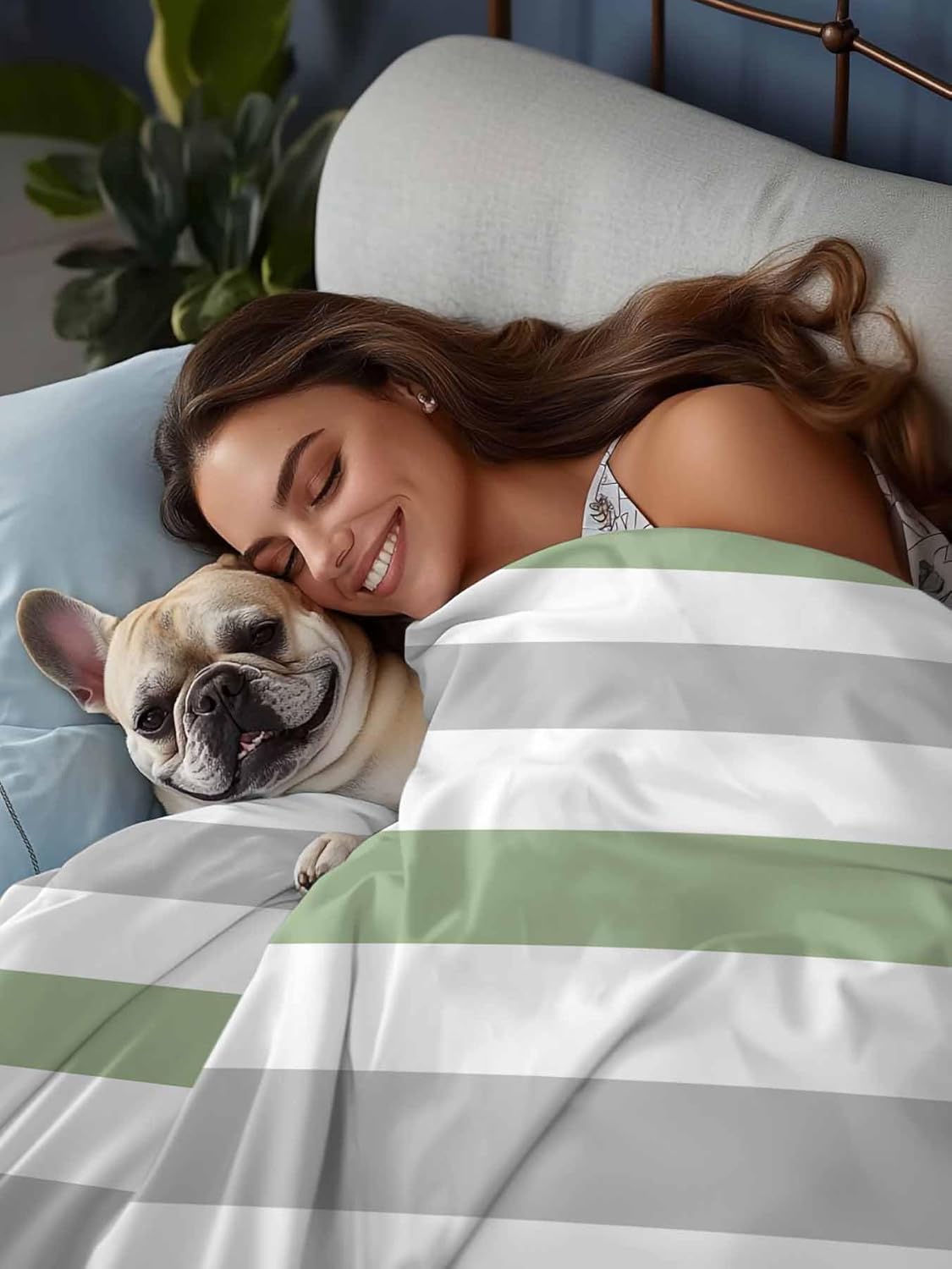 Top Sheet Full Bedding Flat Sheet Only, Sage Green and Grey Stripe Microfiber Bed Sheets Soft Breathable Bedding Flat Sheets, Minimalist Line on White Hotel Luxury Top Sheets