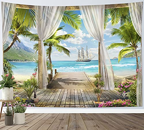 Wandteppich mit türkisem Meer und grüner Palme