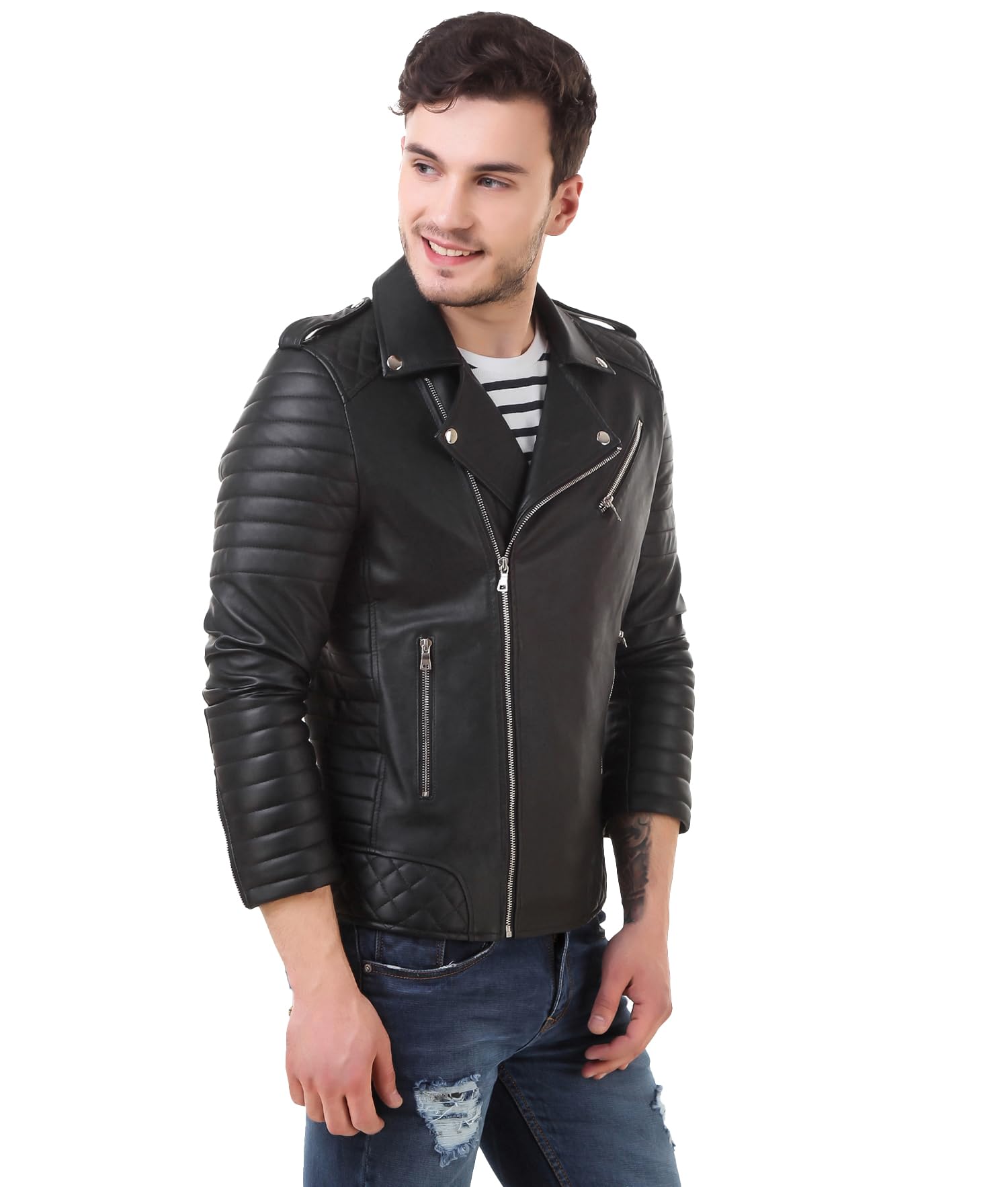 Leather Retail® Mens Solid Biker Jacket (Large, Black) 1