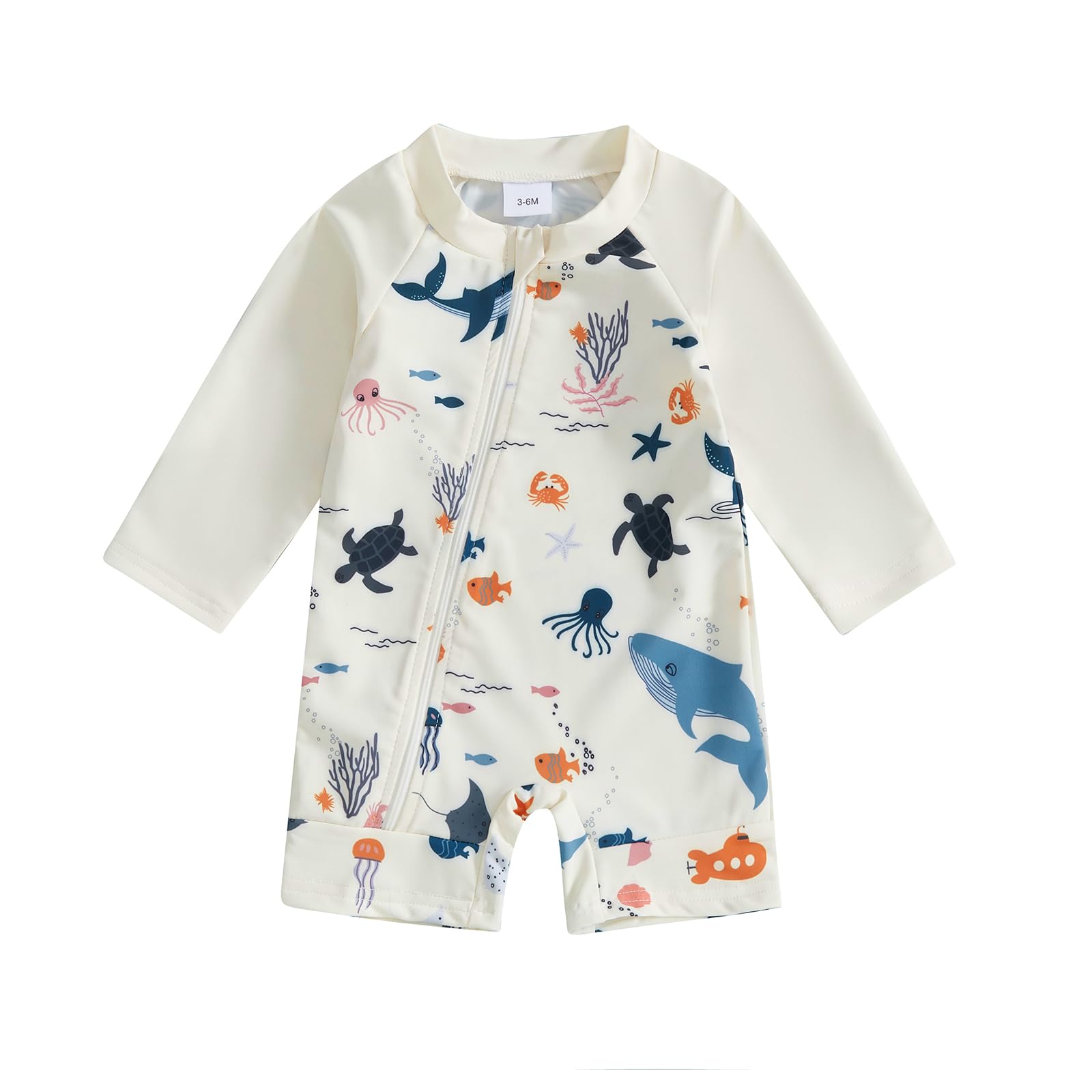 Toddler Baby Boy Girls One Piece Swimsuit Long Sleeve Zipper Bathing Suit with Hat Infant Rash Guard Swimwear (Ar-Beige, 6-9 Months)