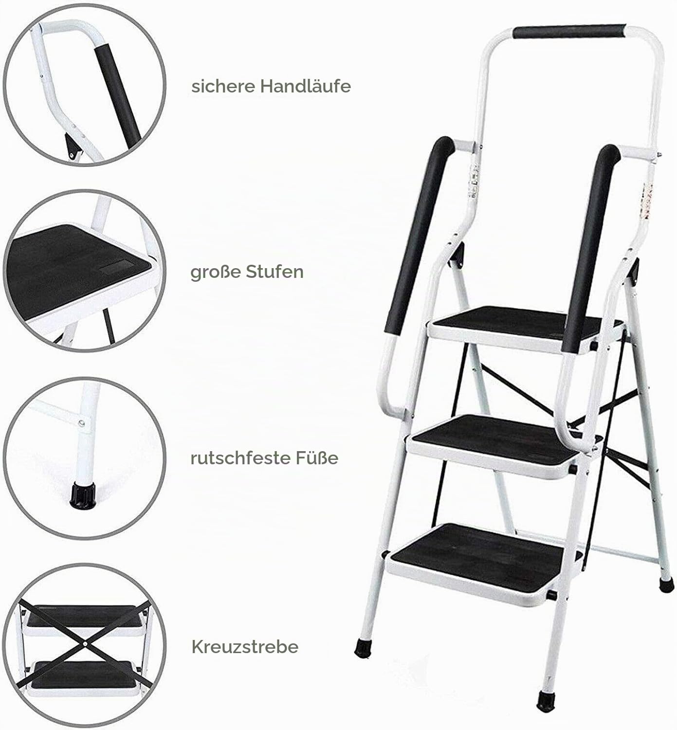 Trittleiter 3 Stufen klappbar,Klappleiter mit Haltegriff, Leiter mit Anti-Rutsch-Stufen, einfach zu verstauen, bis 150 kg belastbar, aus Stahl für Haushalt, Garten & DIY