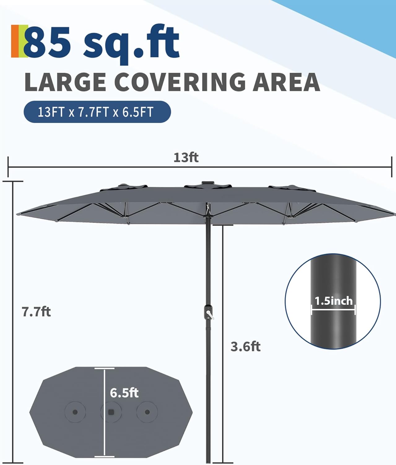 13FT Outdoor Umbrellas for Patio, Double-Sided Rectangular Patio Umbrella with Fade Resistant Canopy for Deck Pool Garden Backyard, Grey