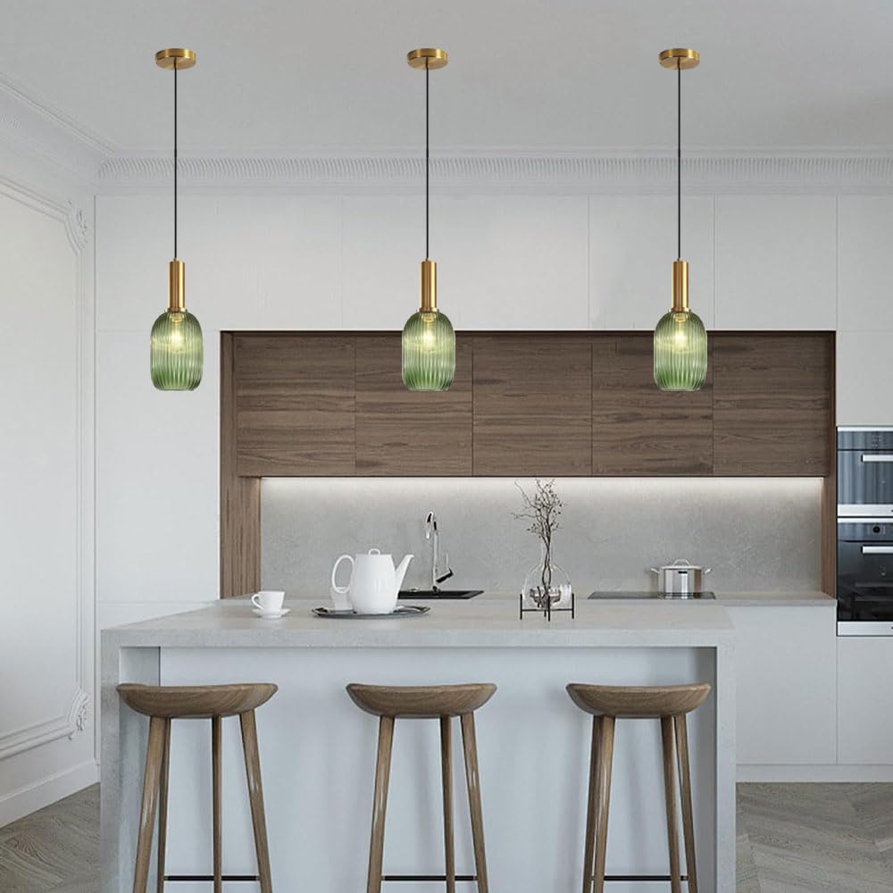 Lampada a sospensione in stile minimalista nordico, lampadario in vetro a strisce verdi, sorgente luminosa E26 lampada a ad altezza regolabile, apparecchi di illuminazione
