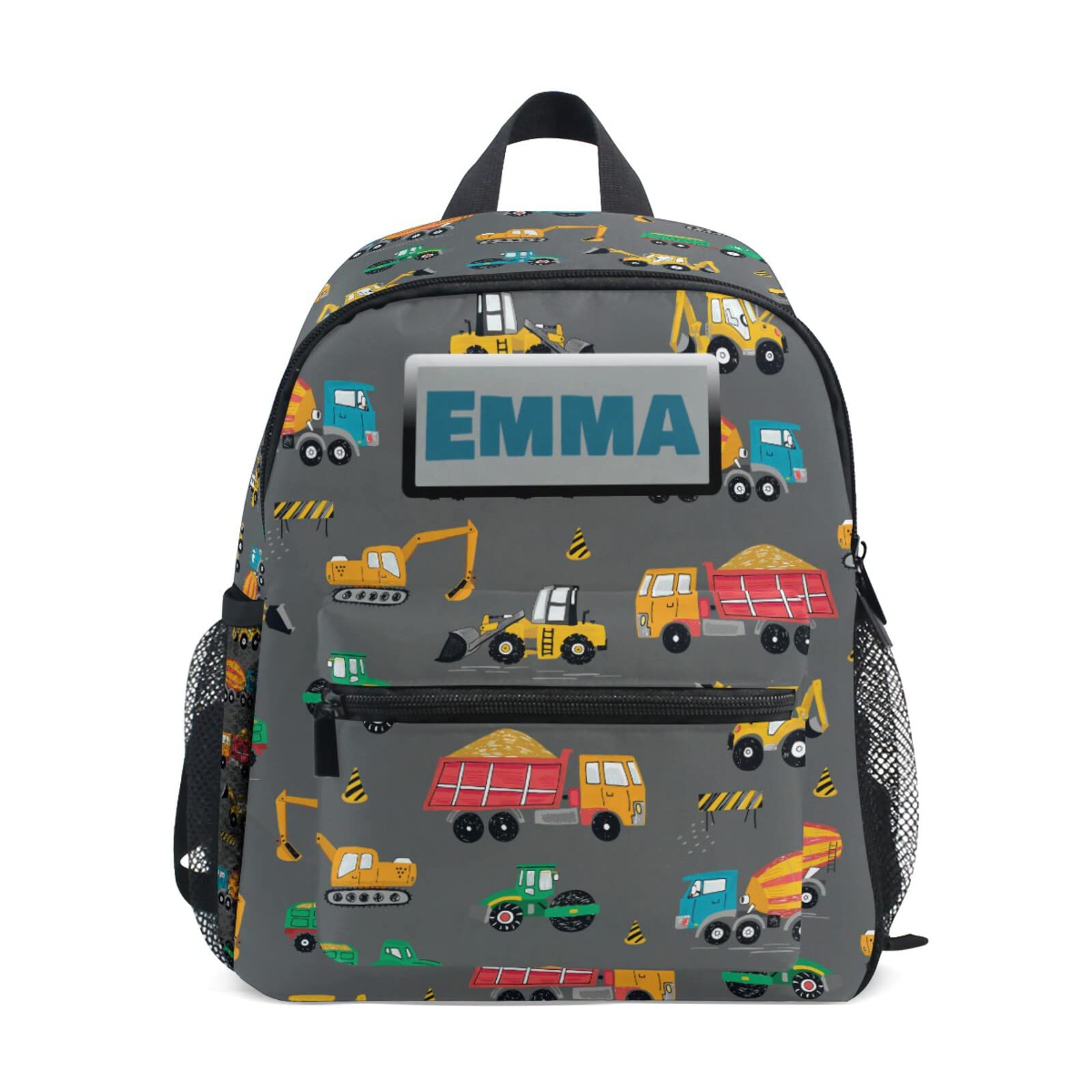Aflyko Custom Name Kids Backpack Construction Truck Digger Personalized Daycare Bookbag Kindergarten Daypack for Toddler Girls Boys 10" × 4" × 12"